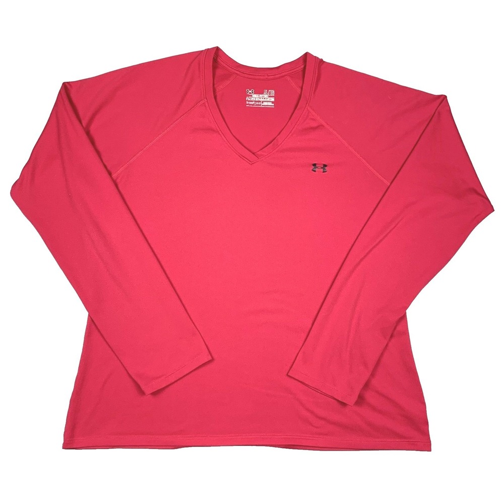 Under‎ Armour HeatGear V Neck Shirt Womens XL Magenta Pink Raglan Workout Top